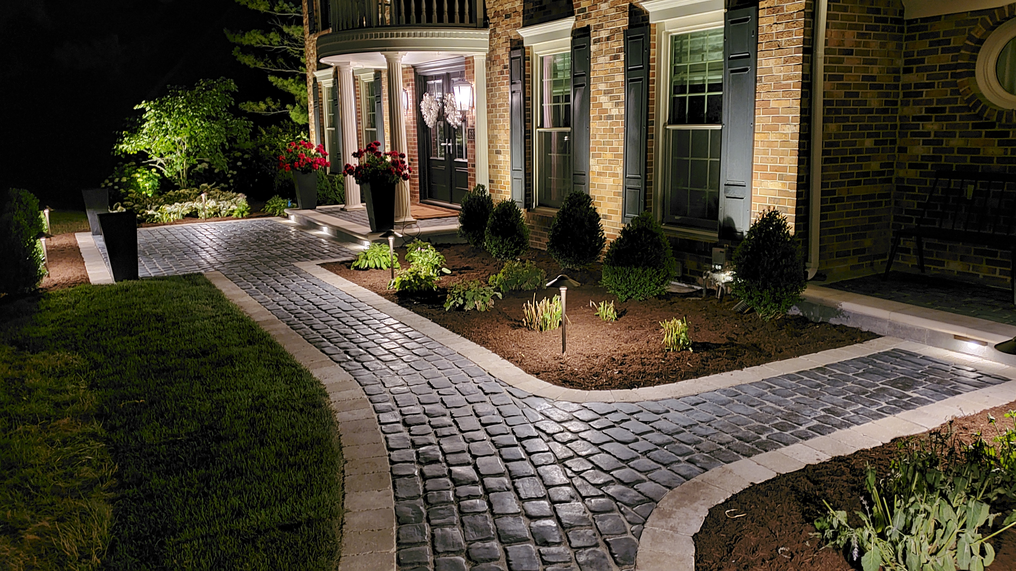 Front walkway at night with landscape lights 2, St. Charles, IL — B&L Landscape